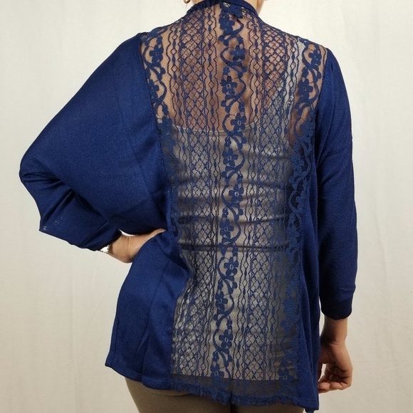 Blue 3/4 SLEEVE CARDIGAN W/ LACE BACK - Picture 1 of 5